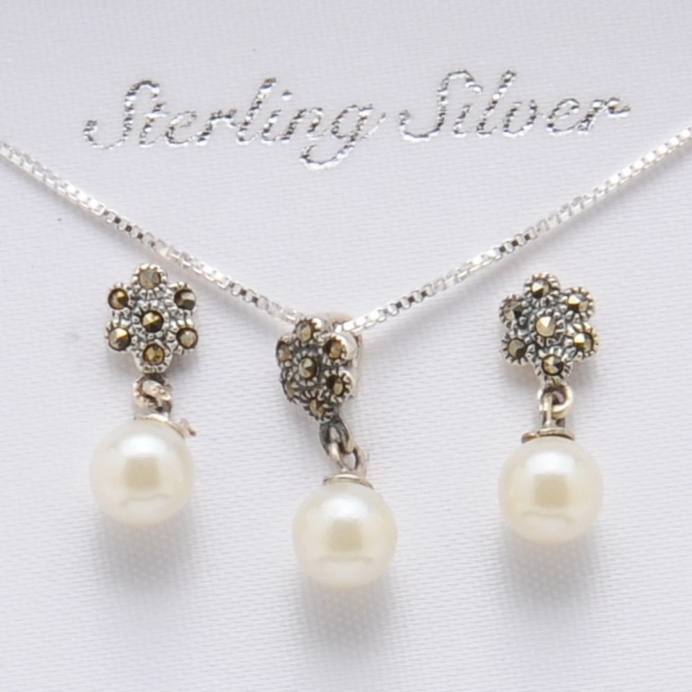 Silver Pearl & Marcasite Necklace & Dangle Earrings SET
